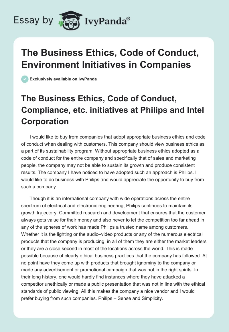 The Business Ethics, Code of Conduct, Environment Initiatives in Companies. Page 1