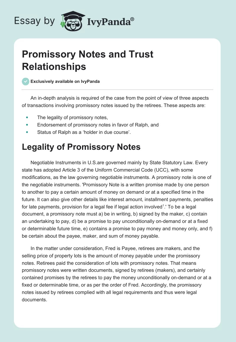 Promissory Notes and Trust Relationships. Page 1