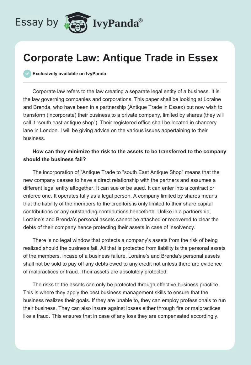 Corporate Law: Antique Trade in Essex. Page 1