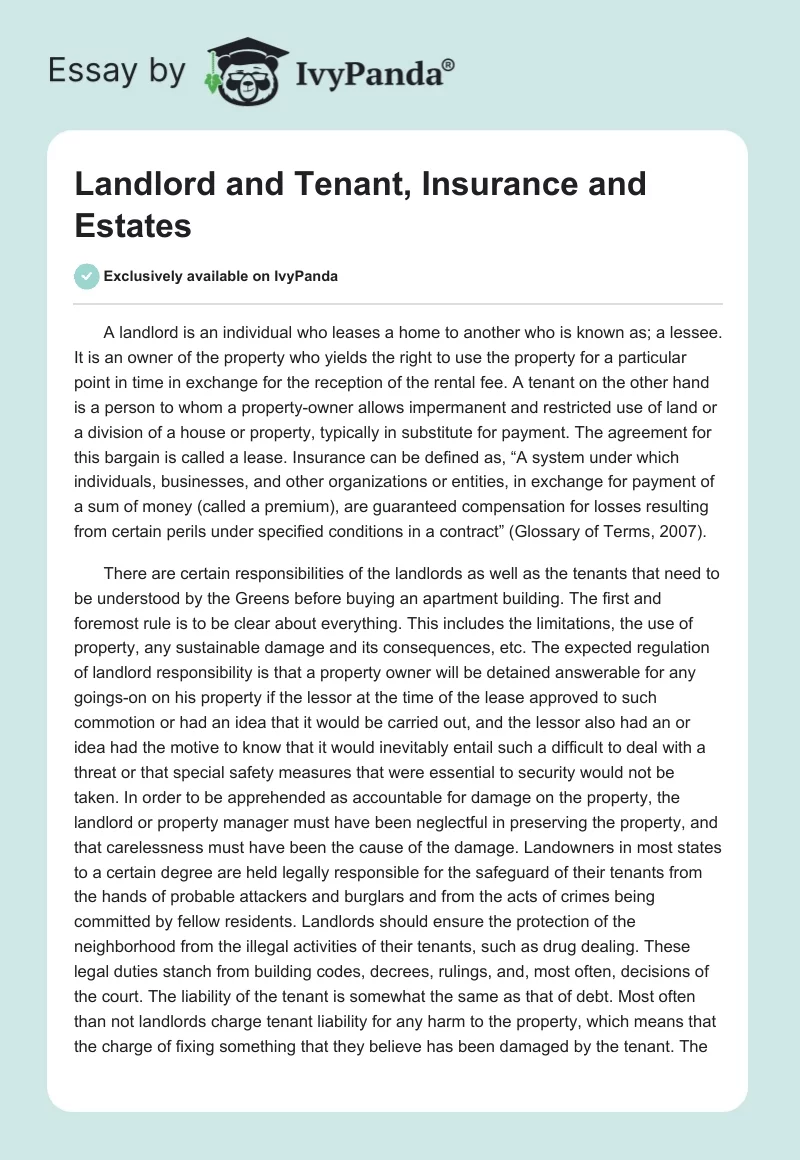 Landlord and Tenant, Insurance and Estates. Page 1