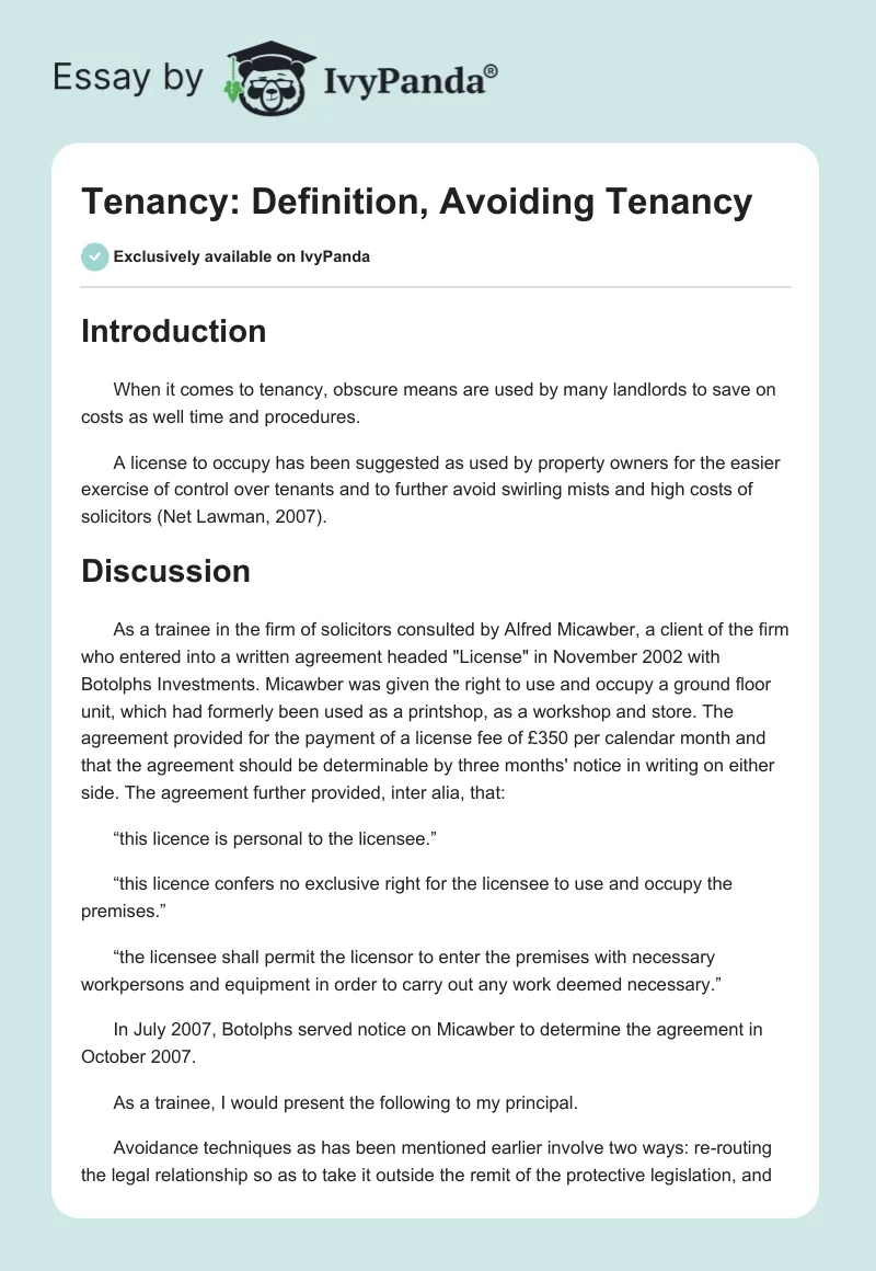 Tenancy: Definition, Avoiding Tenancy. Page 1