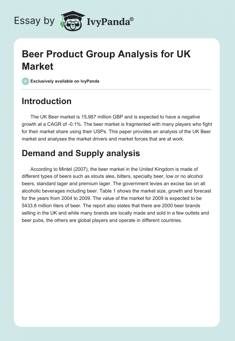 Beer Product Group Analysis for UK Market. Page 1