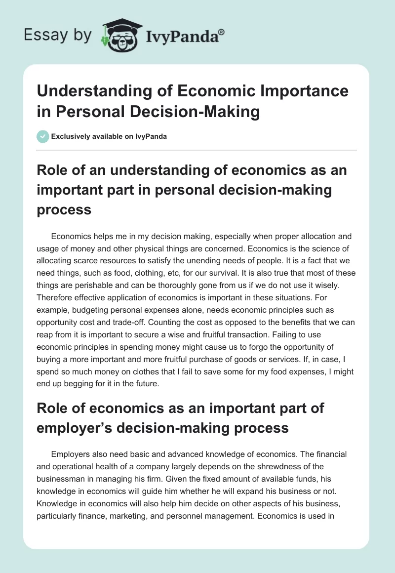 Understanding of Economic Importance in Personal Decision-Making. Page 1