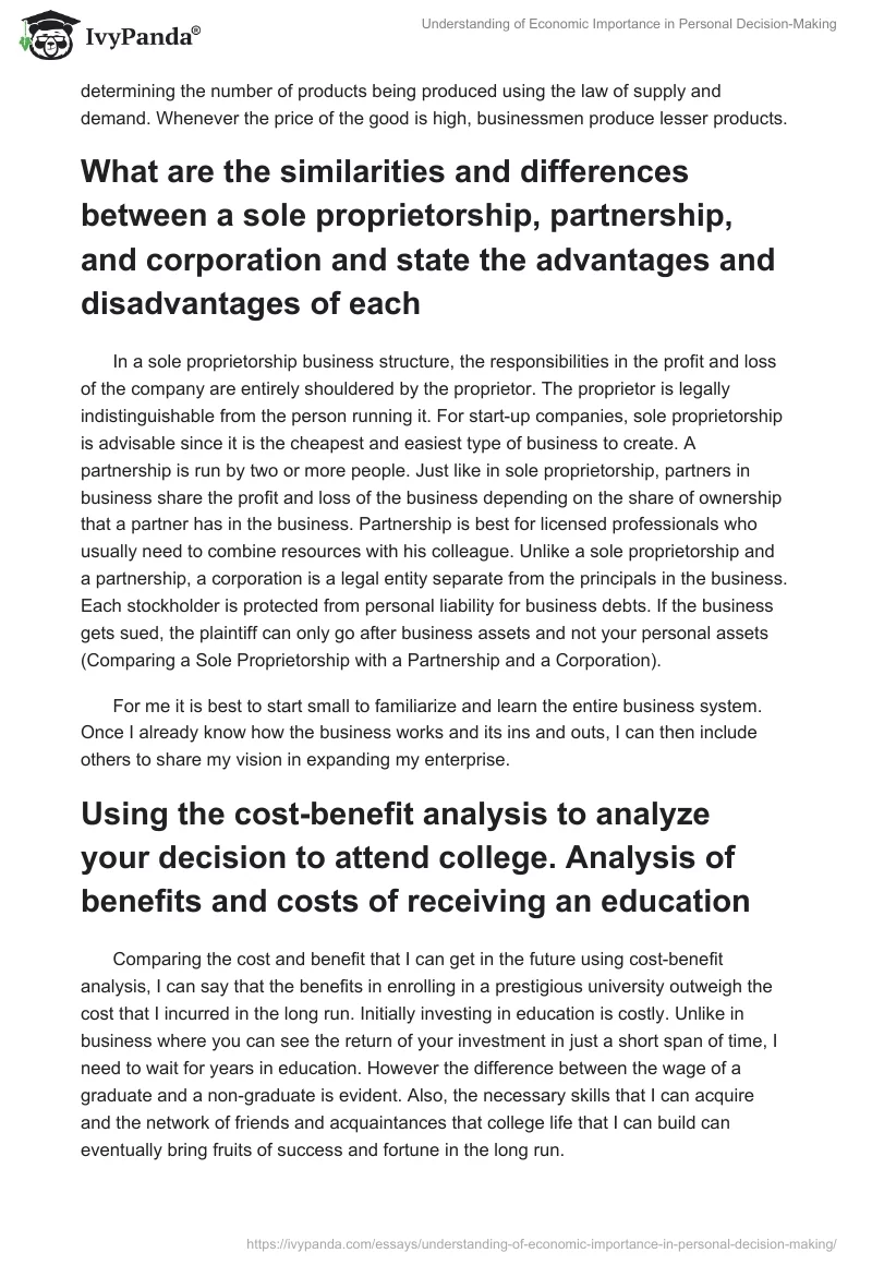Understanding of Economic Importance in Personal Decision-Making. Page 2