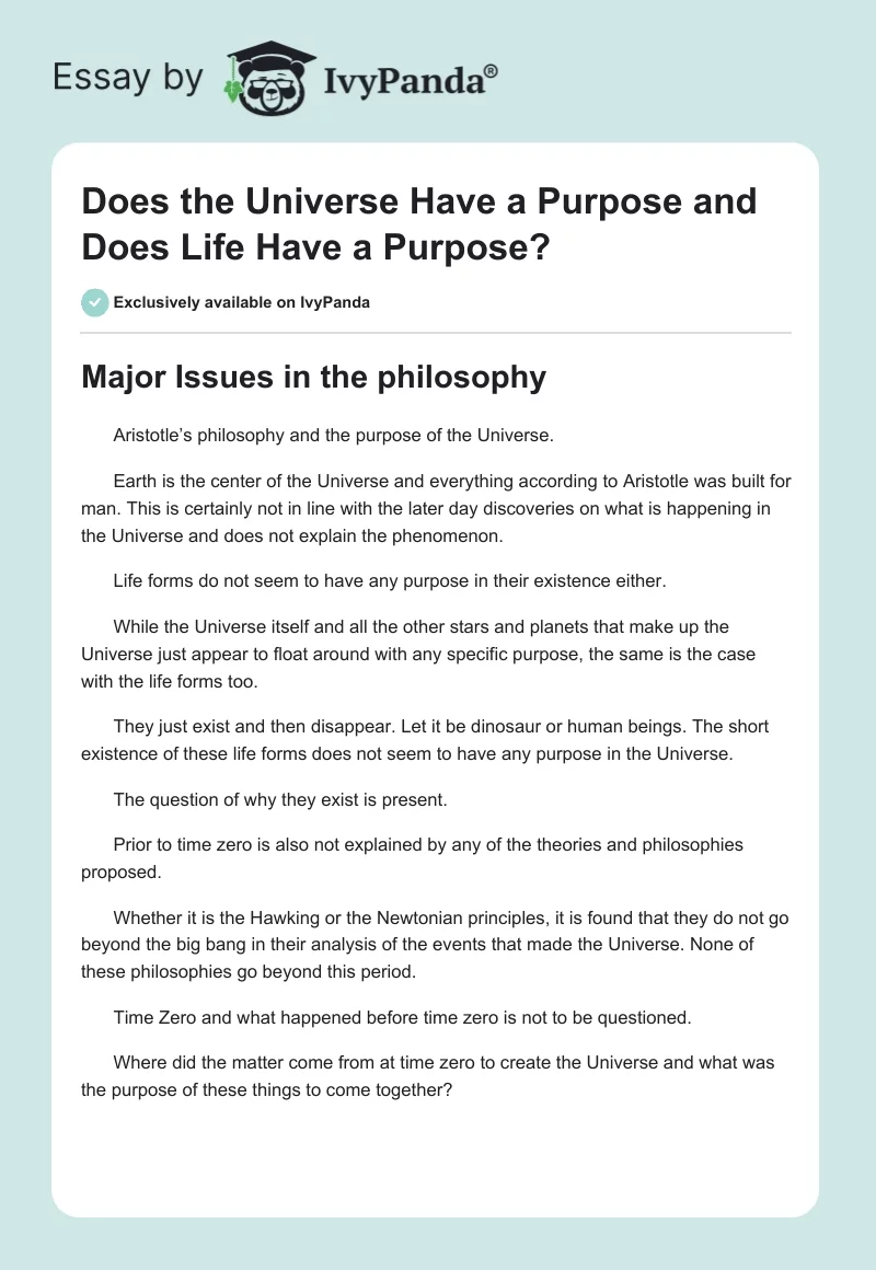 Does the Universe Have a Purpose and Does Life Have a Purpose?. Page 1