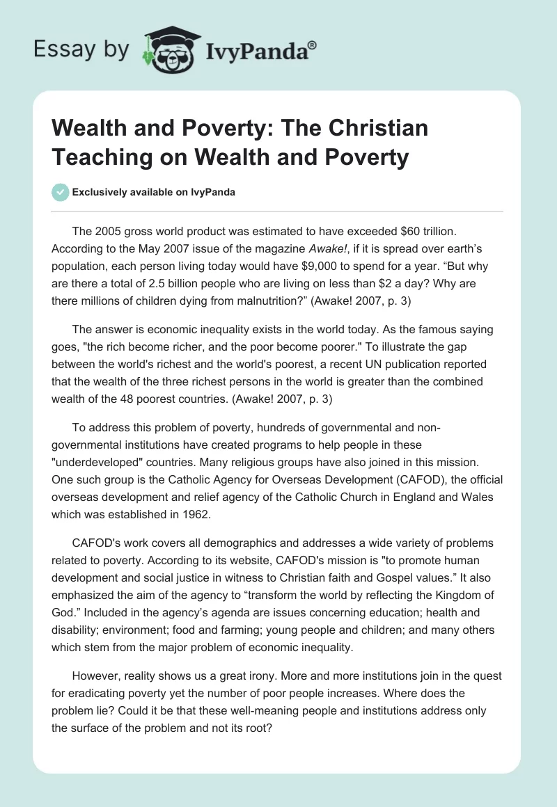 Wealth and Poverty: The Christian Teaching on Wealth and Poverty. Page 1
