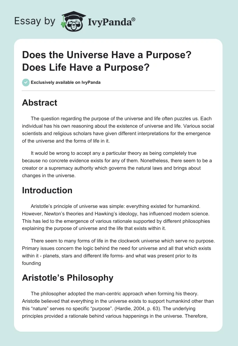 Does the Universe Have a Purpose? Does Life Have a Purpose?. Page 1
