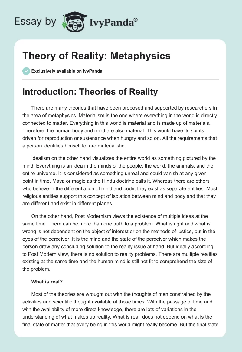 Theory of Reality: Metaphysics. Page 1
