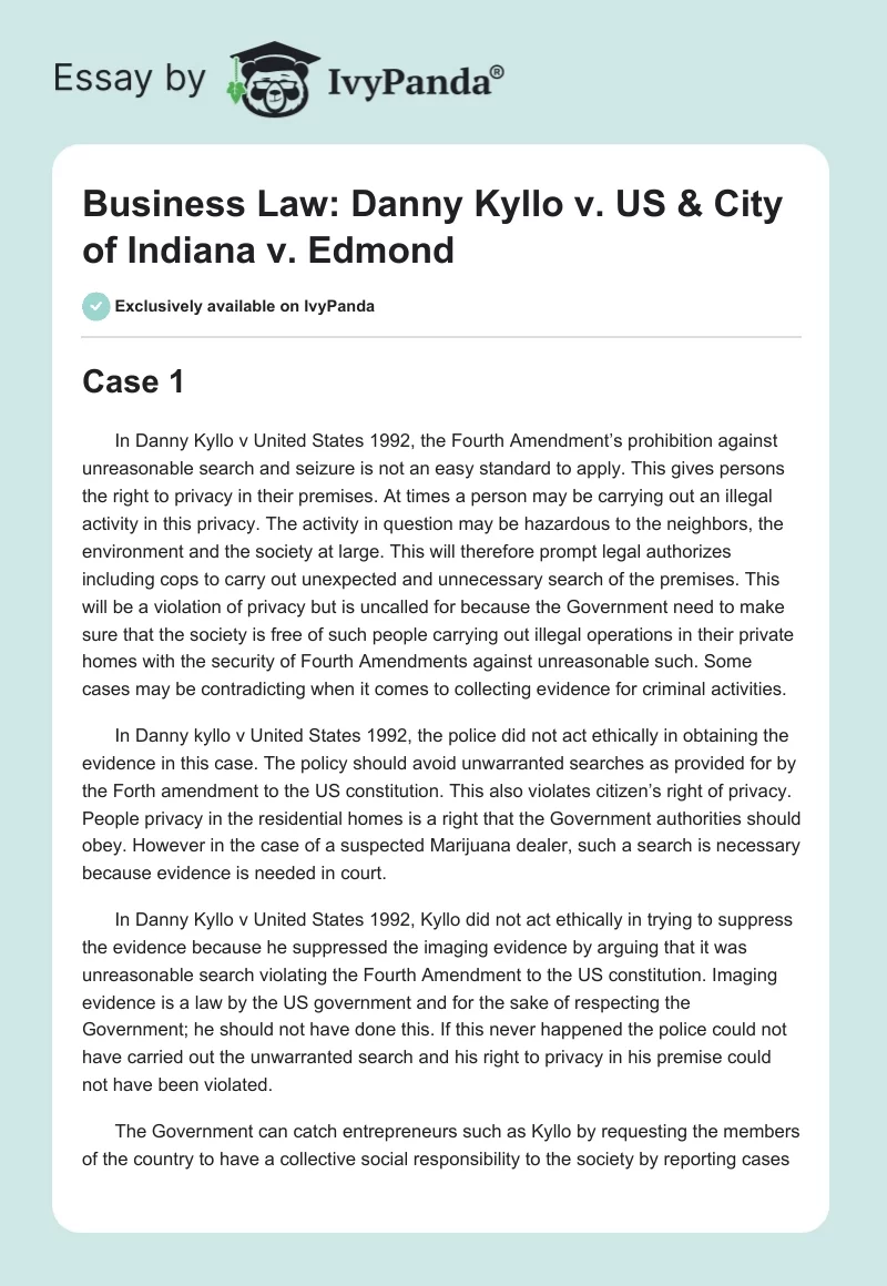 Business Law: Danny Kyllo v. US & City of Indiana v. Edmond. Page 1