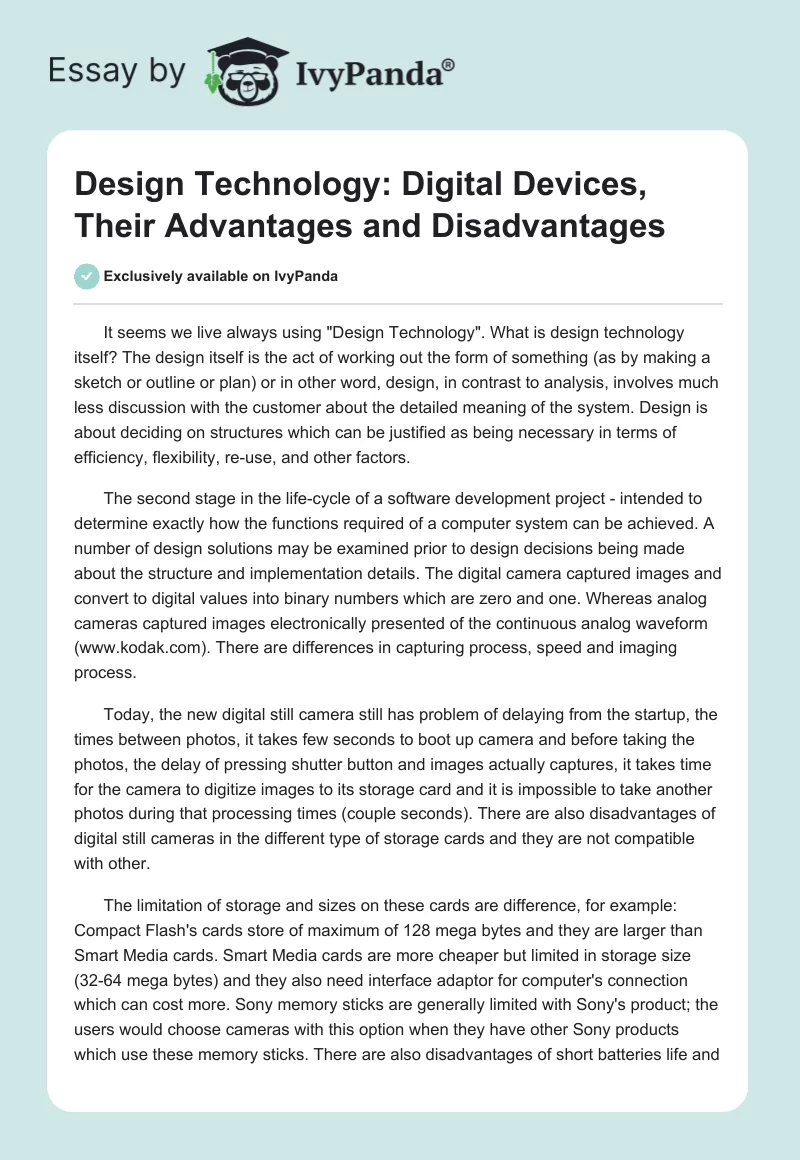 Design Technology: Digital Devices, Their Advantages and Disadvantages. Page 1