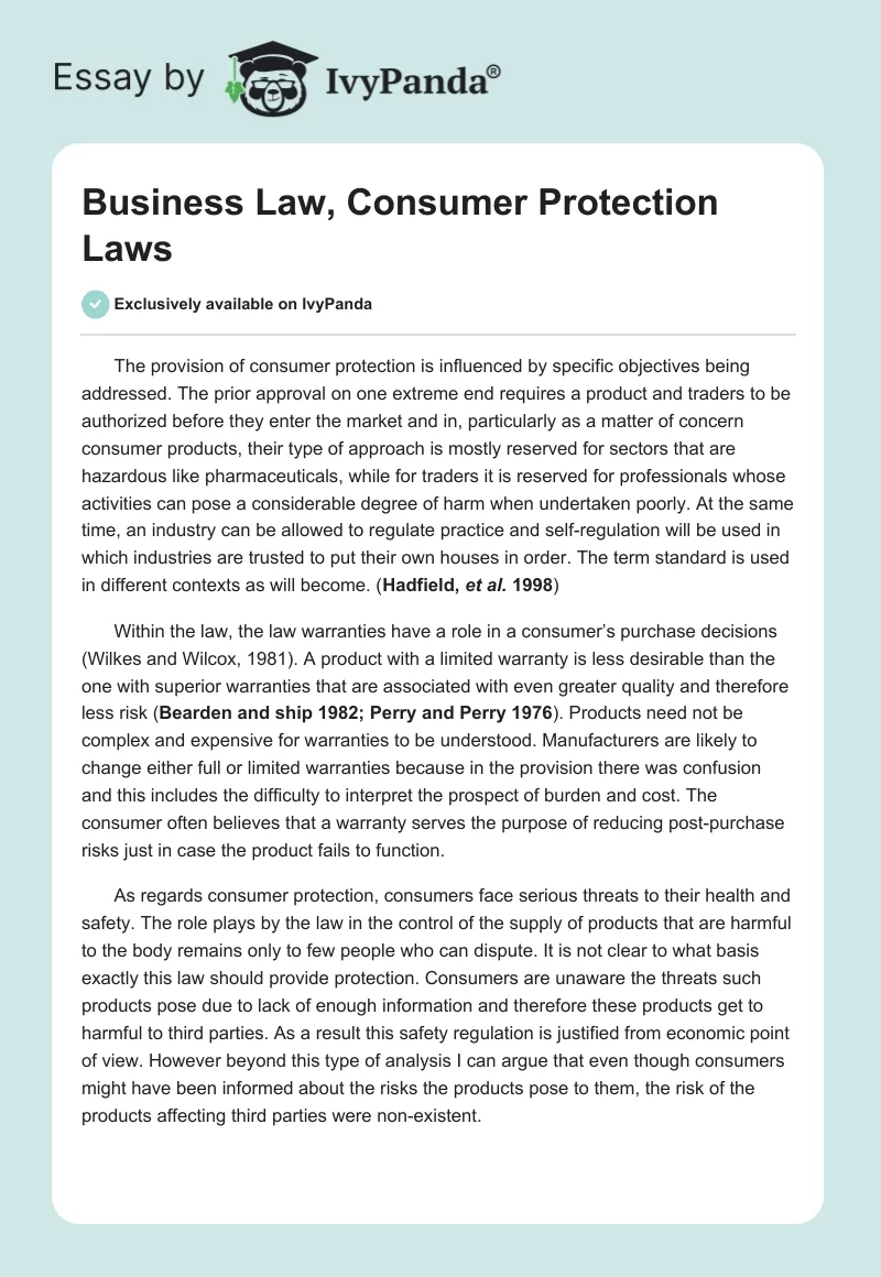 Business Law, Consumer Protection Laws. Page 1