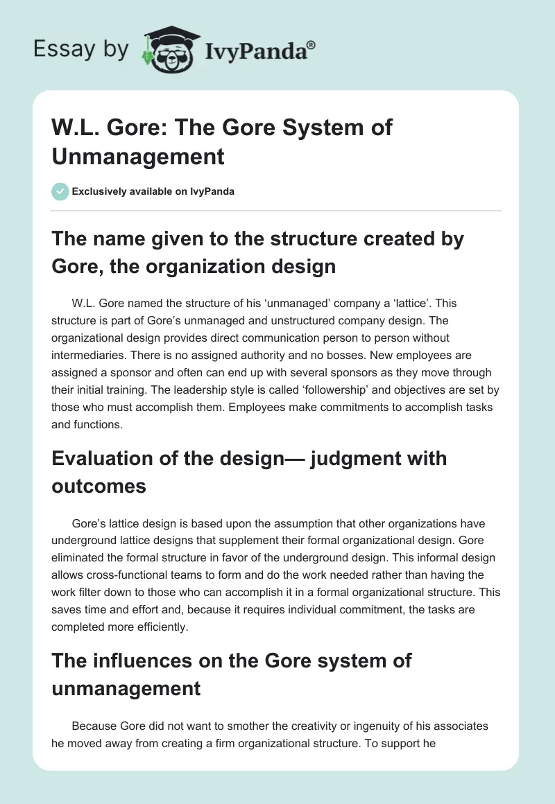 W.L. Gore: The Gore System of Unmanagement. Page 1