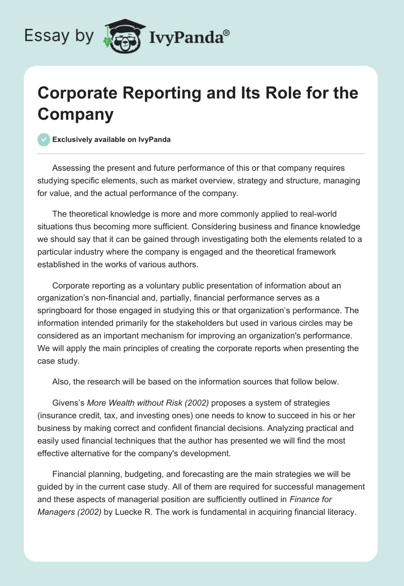 Corporate Reporting and Its Role for the Company. Page 1