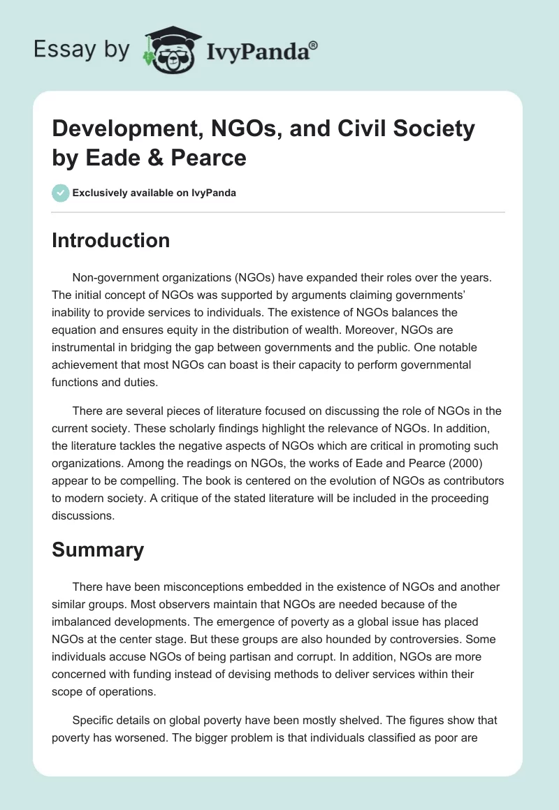 Development, NGOs, and Civil Society by Eade & Pearce. Page 1