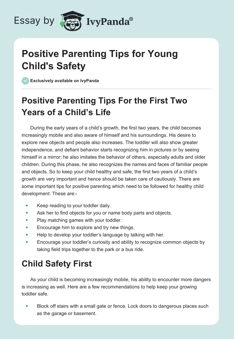Positive Parenting Tips for Young Child's Safety. Page 1