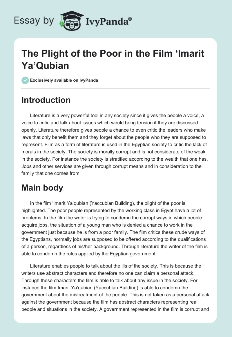 The Plight of the Poor in the Film ‘Imarit Ya’Qubian. Page 1
