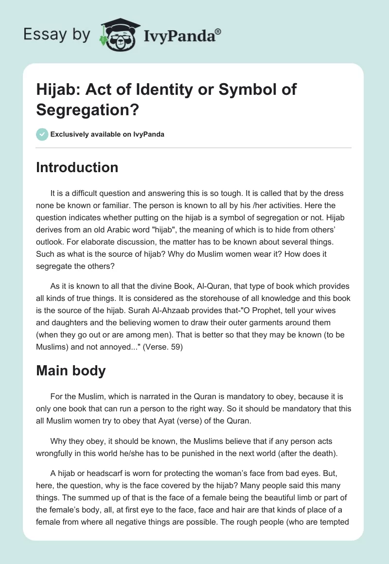 Hijab: Act of Identity or Symbol of Segregation?. Page 1