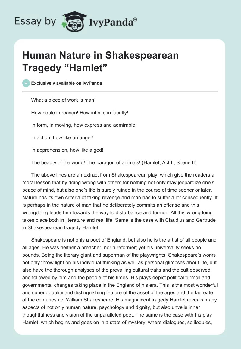 Human Nature in Shakespearean Tragedy “Hamlet”. Page 1
