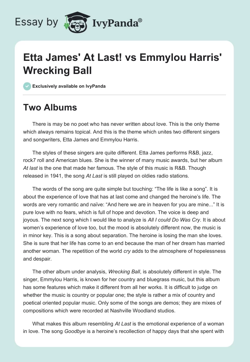 Etta James' "At Last!" vs Emmylou Harris' "Wrecking Ball". Page 1