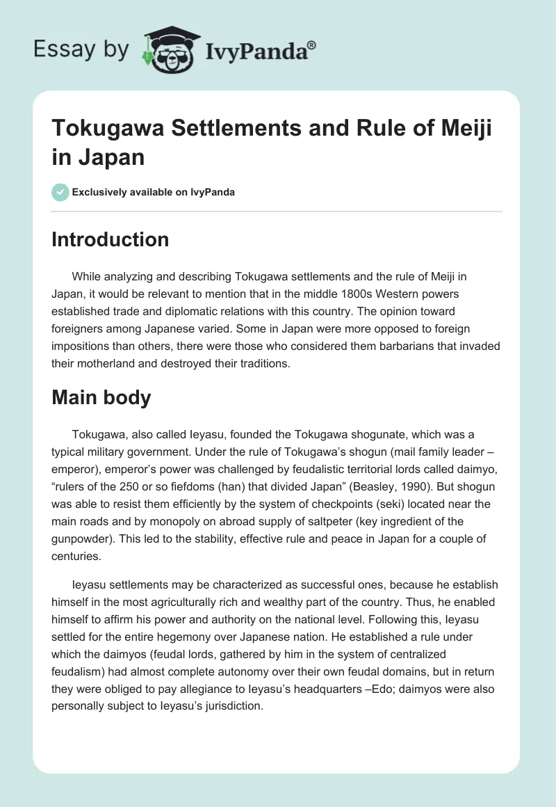 Tokugawa Settlements and Rule of Meiji in Japan. Page 1