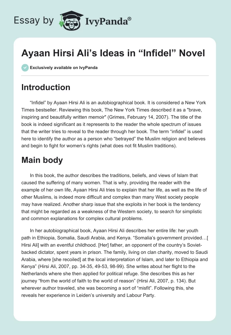 Ayaan Hirsi Ali’s Ideas in “Infidel” Novel. Page 1