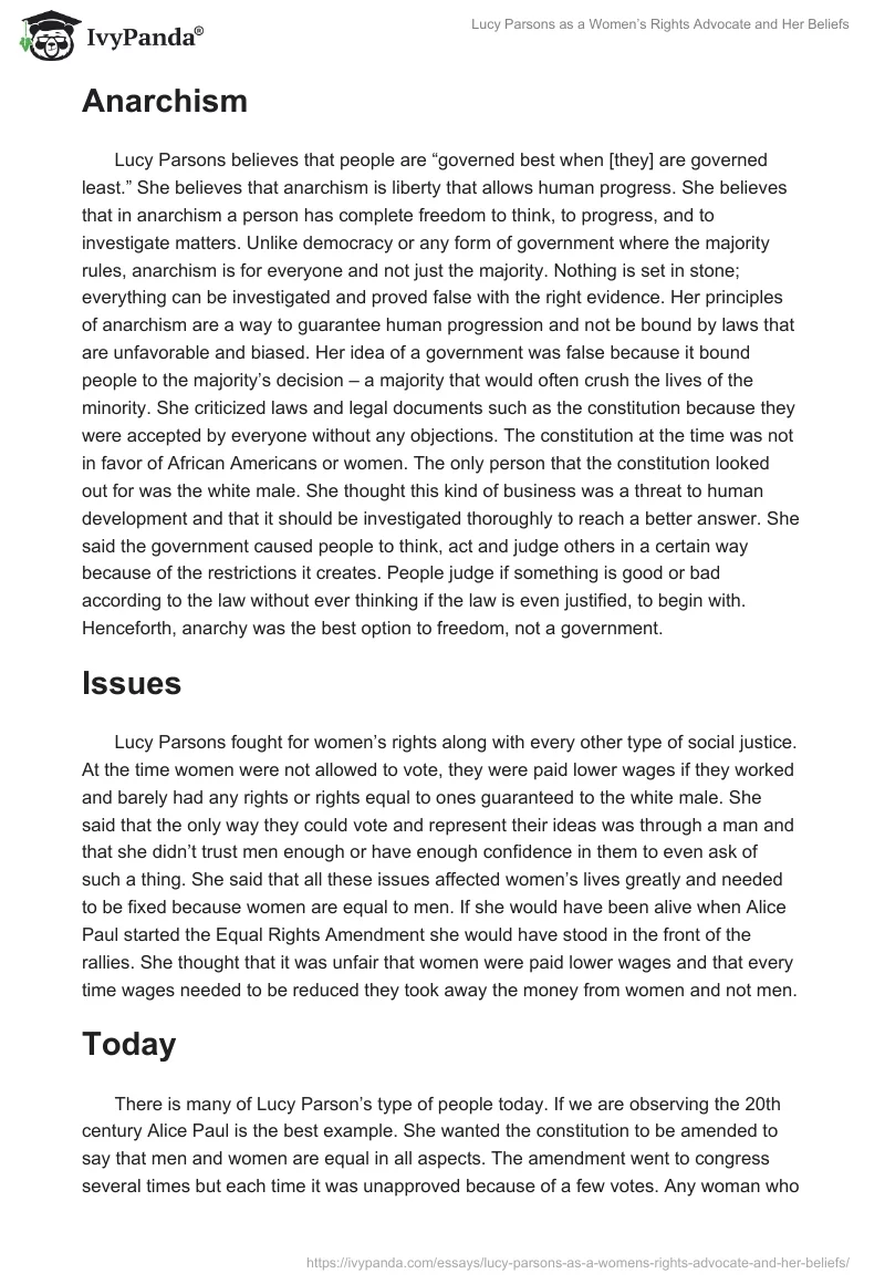 Lucy Parsons as a Women’s Rights Advocate and Her Beliefs. Page 2