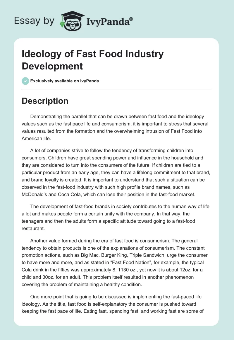 Ideology of Fast Food Industry Development. Page 1
