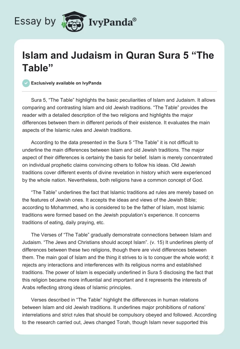 Islam and Judaism in Quran Sura 5 “The Table”. Page 1