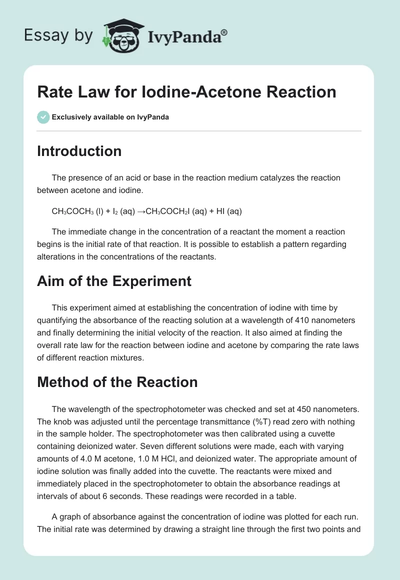 Rate Law for Iodine-Acetone Reaction. Page 1