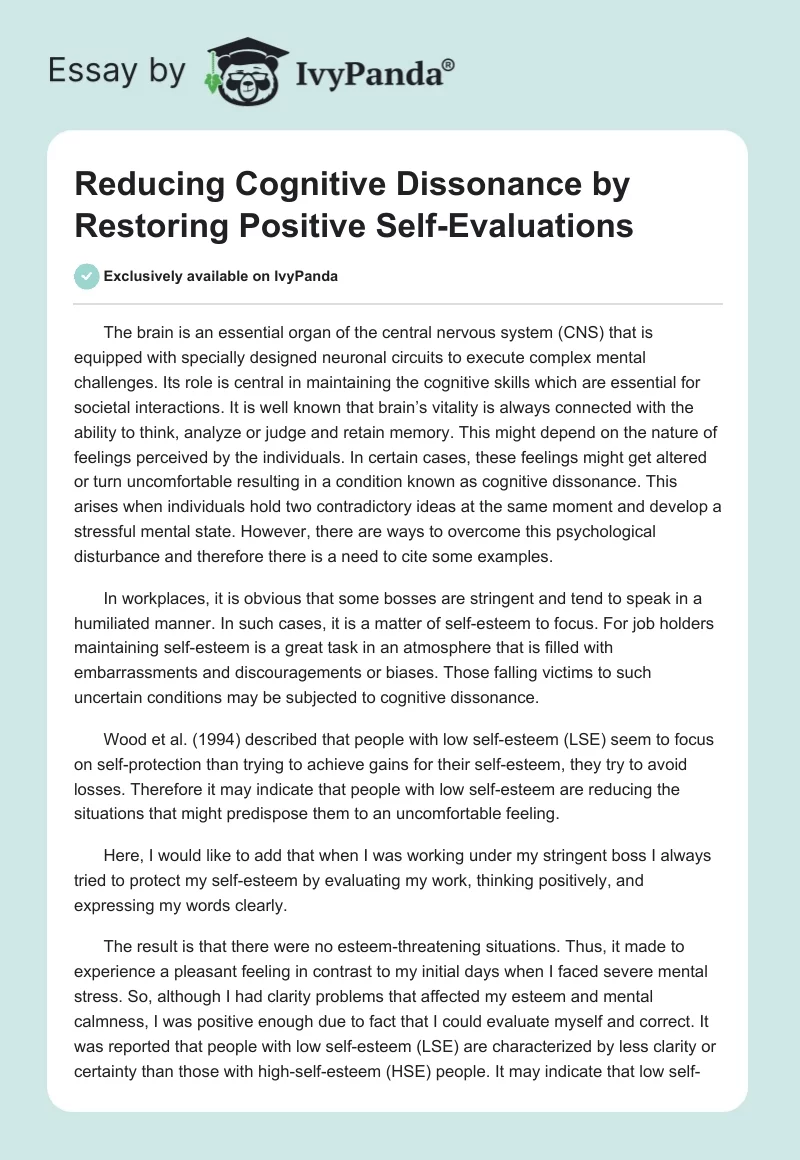 Reducing Cognitive Dissonance by Restoring Positive Self-Evaluations. Page 1