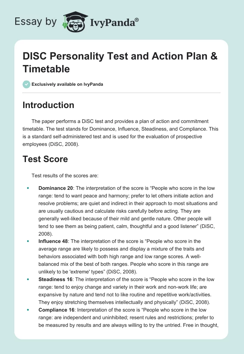 DISC Personality Test and Action Plan & Timetable. Page 1