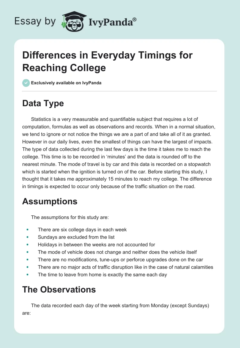Differences in Everyday Timings for Reaching College. Page 1
