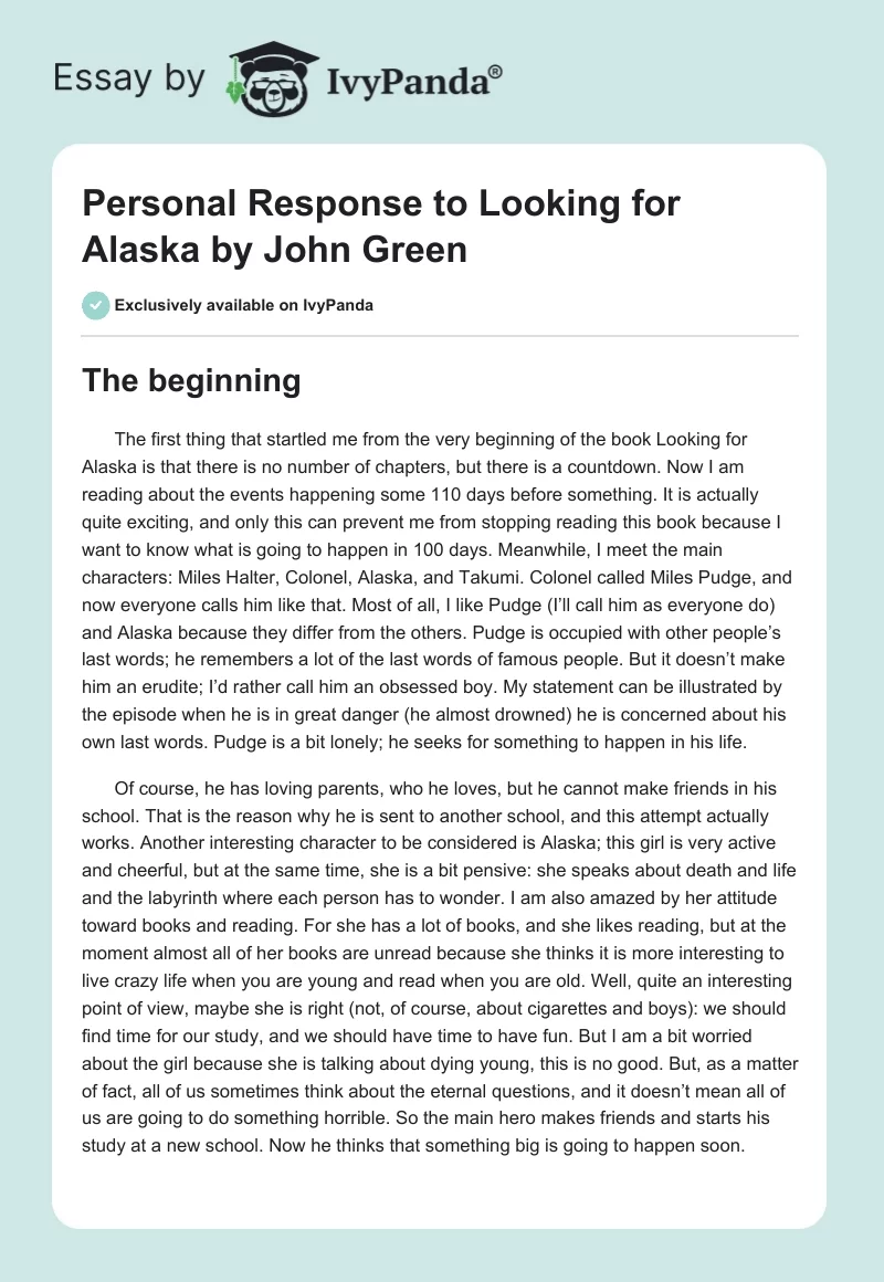 Personal Response to "Looking for Alaska" by John Green. Page 1