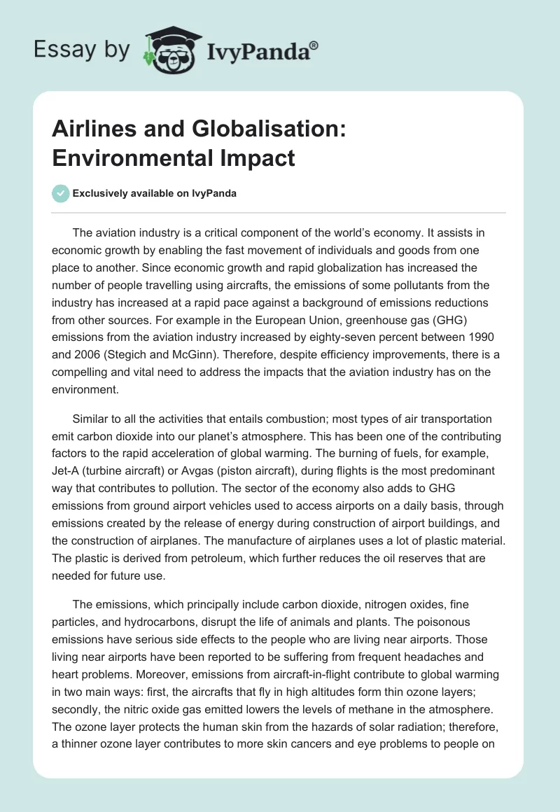 Airlines and Globalisation: Environmental Impact. Page 1