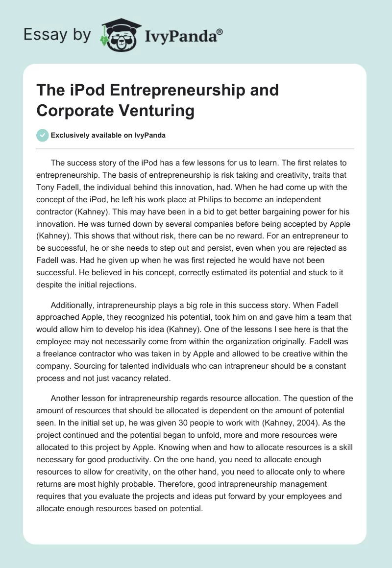 The iPod Entrepreneurship and Corporate Venturing. Page 1