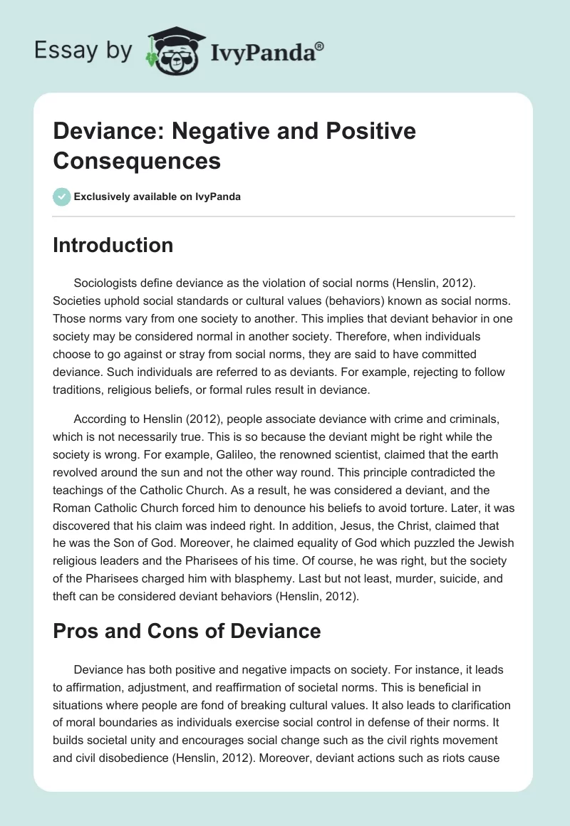 Deviance: Negative and Positive Consequences. Page 1