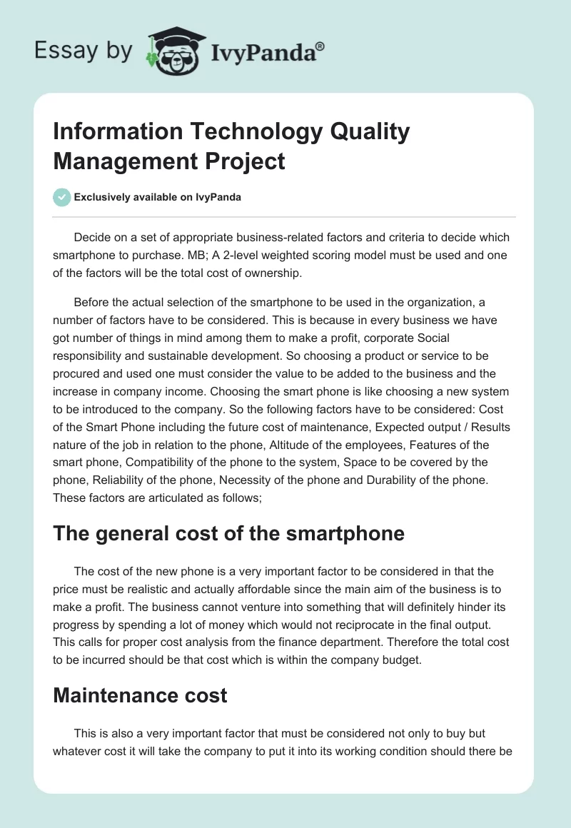 Information Technology Quality Management Project. Page 1