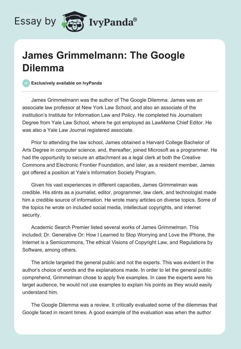 James Grimmelmann: The Google Dilemma. Page 1
