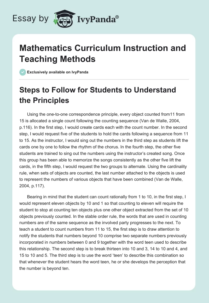 Mathematics Curriculum Instruction and Teaching Methods. Page 1