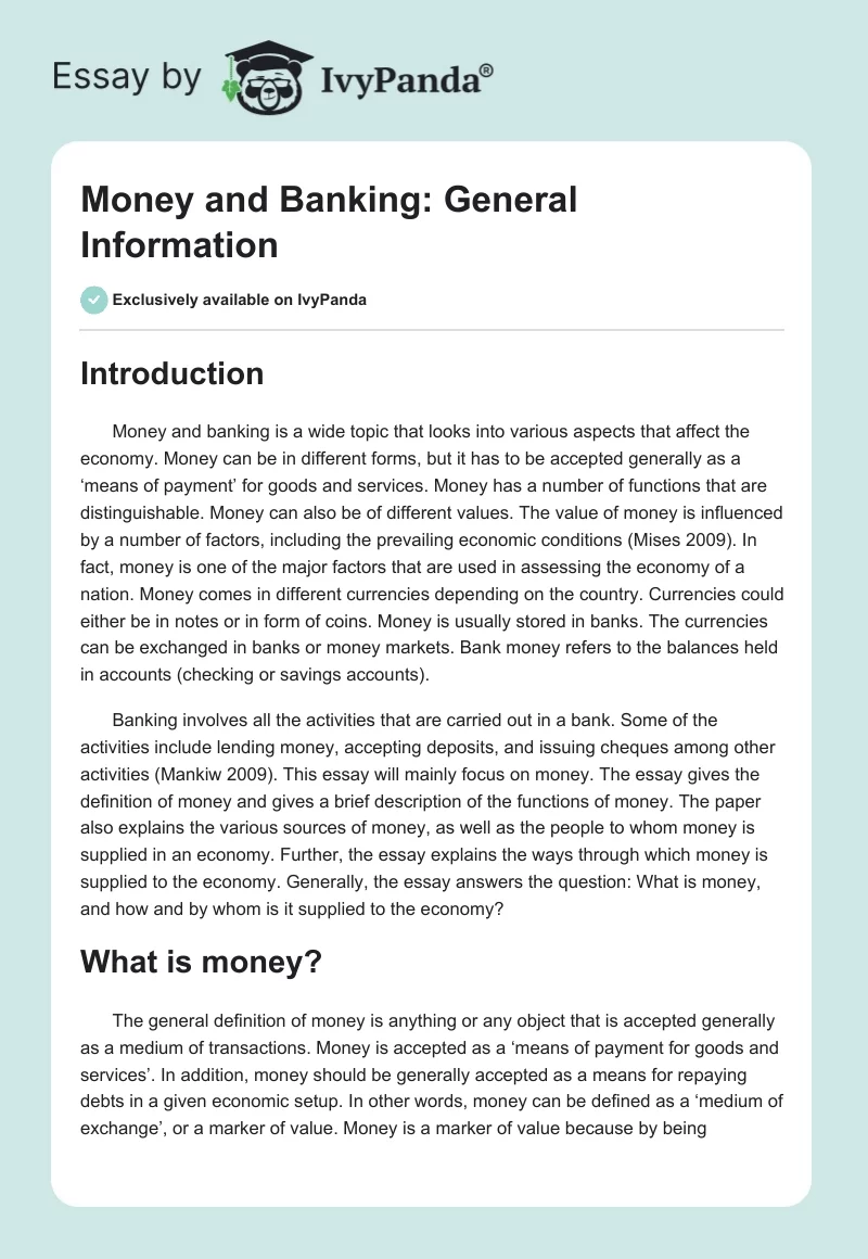 Money and Banking: General Information. Page 1
