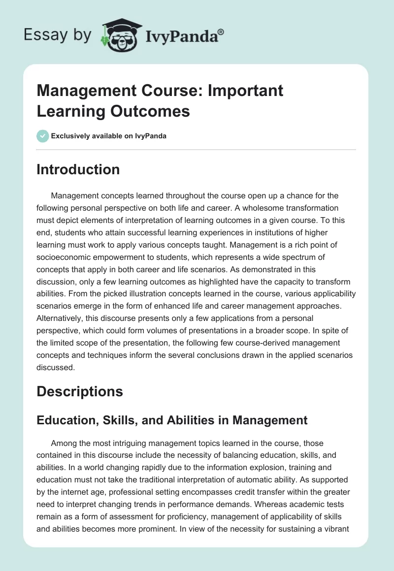 Management Course: Important Learning Outcomes. Page 1