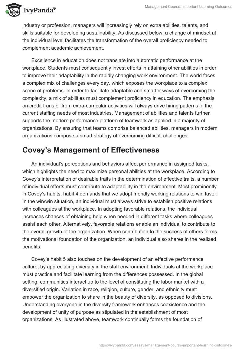 Management Course: Important Learning Outcomes. Page 2