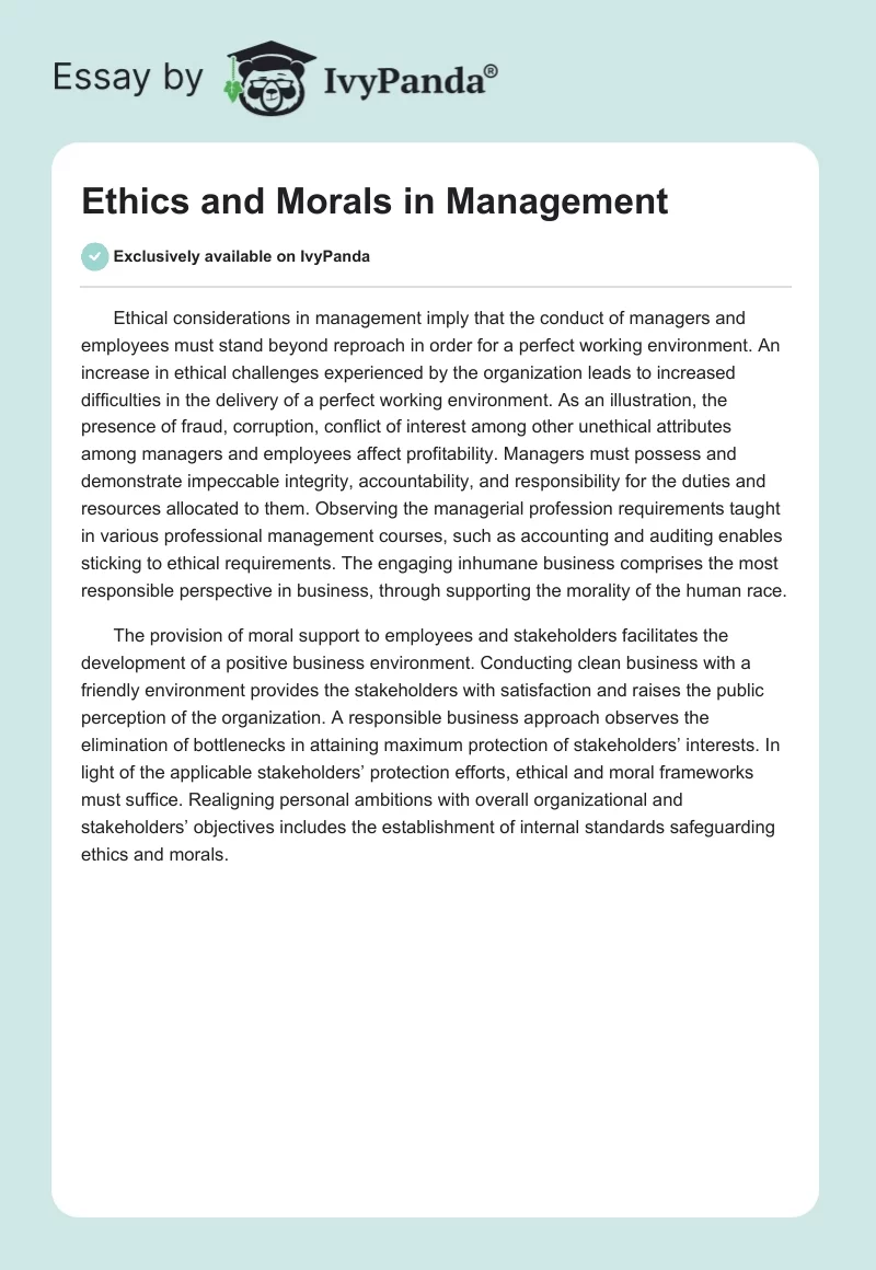 Ethics and Morals in Management. Page 1