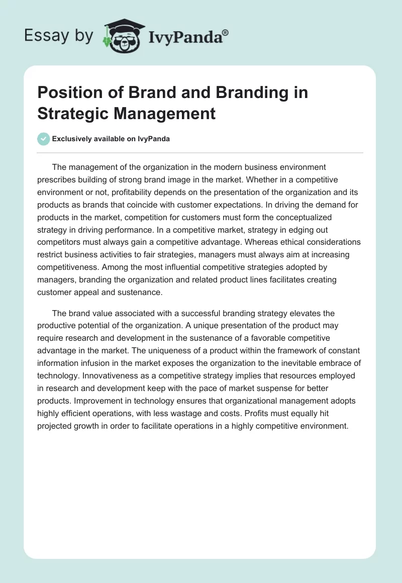 Position of Brand and Branding in Strategic Management. Page 1