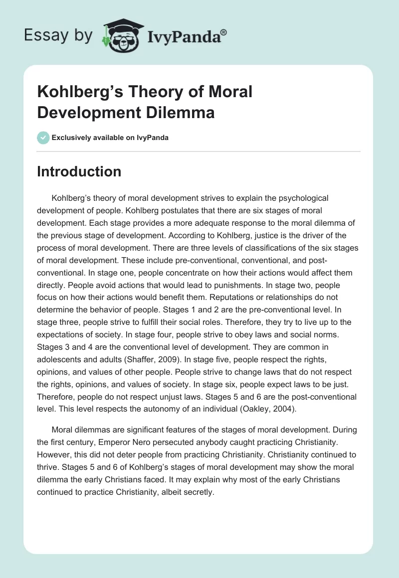 Kohlberg’s Theory of Moral Development Dilemma. Page 1