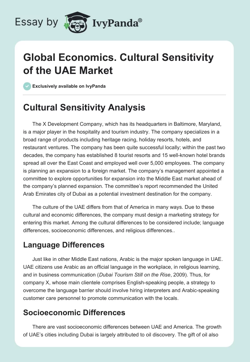Global Economics. Cultural Sensitivity of the UAE Market. Page 1