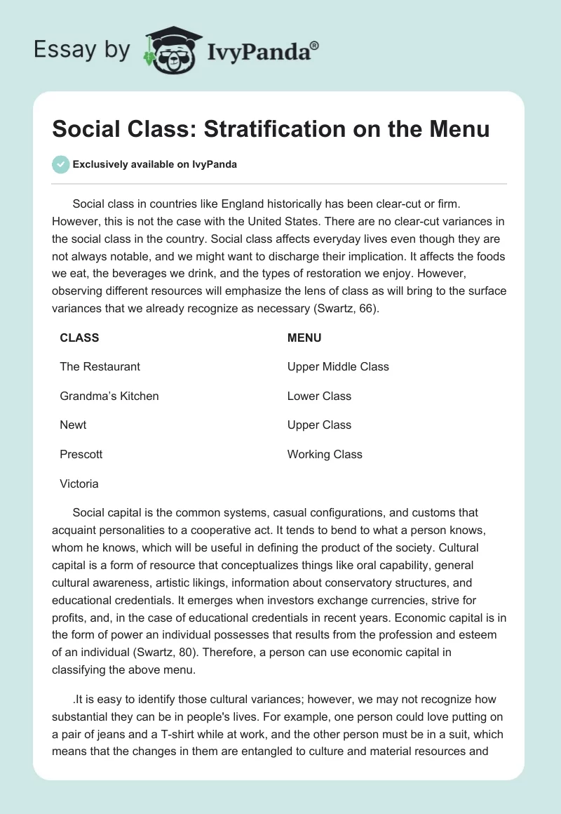 Social Class: Stratification on the Menu. Page 1