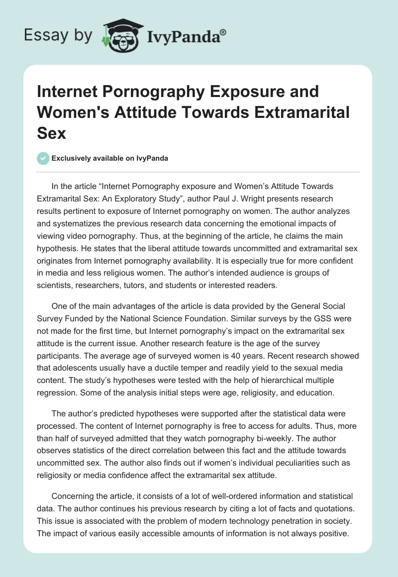 Internet Pornography Exposure and Women's Attitude Towards Extramarital Sex. Page 1