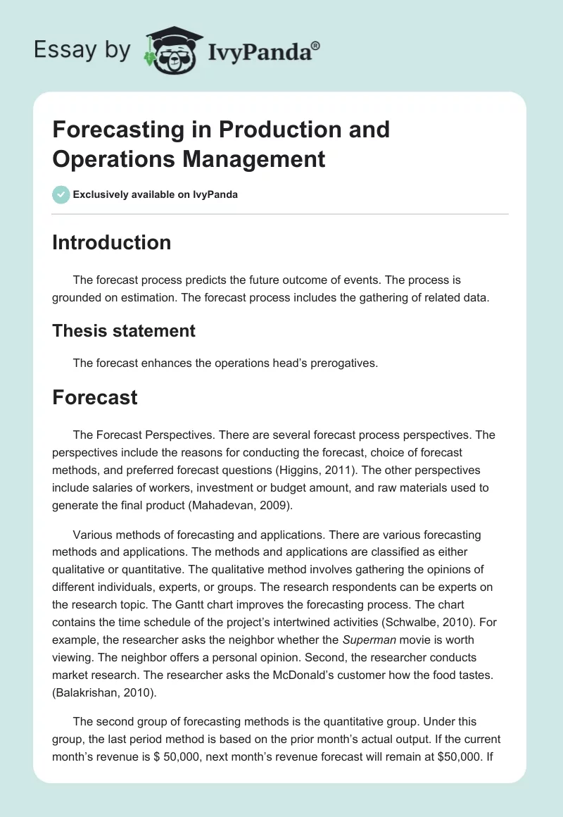 Forecasting in Production and Operations Management. Page 1