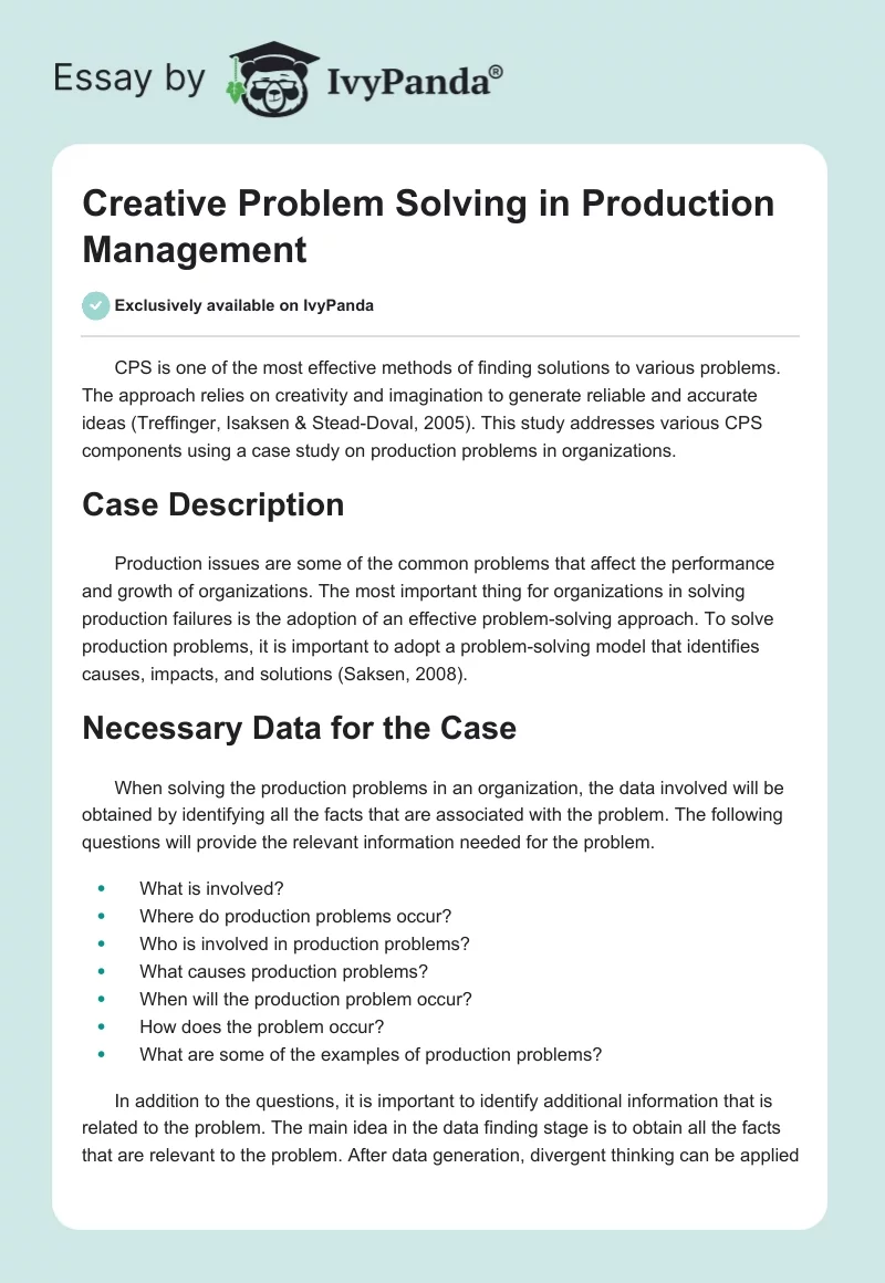 Creative Problem Solving in Production Management. Page 1